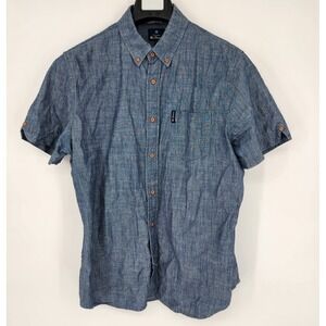 Ben Sherman Short Sleeve Button Up Shirt Men's Large Dark Navy Chambray EUC‎